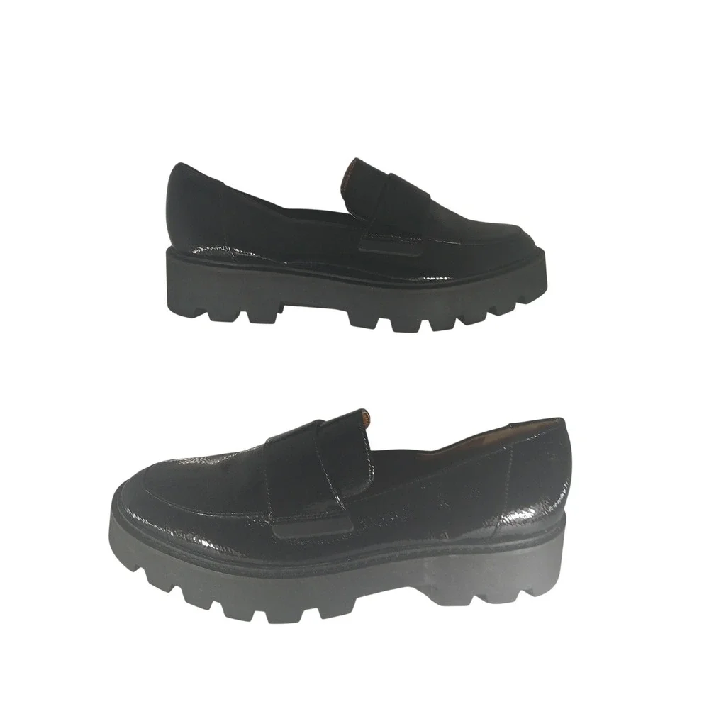 Franco Sarto Brindy Platform Loafers 8.5M Black Patent Lug Sole Chunky Shoes